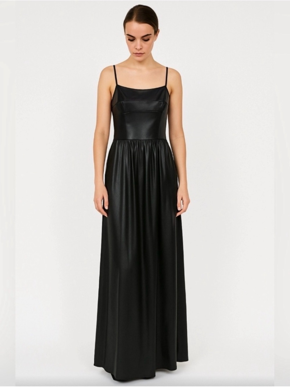Avec Les Filles | Black Faux-Leather Spaghetti Strap Maxi Dress- S